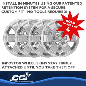 Coast to Coast Wheel Skin, Impostor ®, 16 Inch, 5 V Spokes, Snap-On/Center Retention, Plated, Chrome, ABS Plastic, Set of 4 – IWCIMP444X