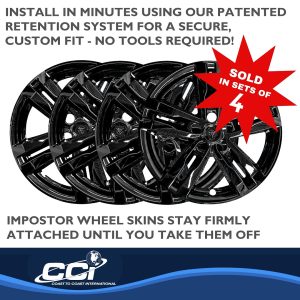 Coast to Coast Wheel Skin, Impostor ®, 18 Inch, 5 Spokes, Snap-On/Center Retention, Painted, Gloss Black, ABS Plastic, Set of 4 – IMP449BLK