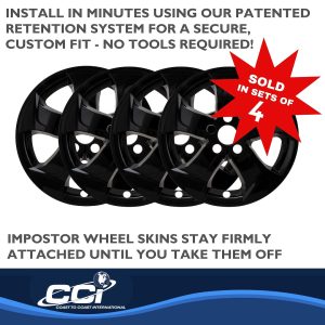 Coast to Coast Wheel Skin, Impostor ®, 17 Inch, 5 Directional Single Spokes, Snap-On, Painted, Gloss Black, ABS Plastic, Set of 4 – IMP458BLK