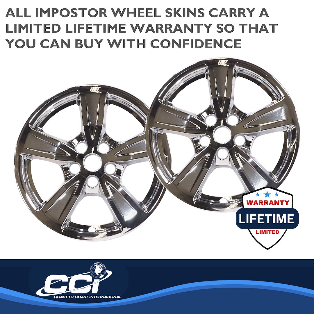 Coast to Coast Wheel Skin, Impostor ®, 17 Inch, 5 Spokes, Snap-On, Plated, Chrome, ABS Plastic, Set of 4, Fits Over and Into OEM Wheel – IMP474X