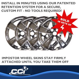 Coast to Coast Wheel Skin, Impostor ®, 17 Inch, 5 Spokes, Snap-On, Plated, Chrome, ABS Plastic, Set of 4, Fits Over and Into OEM Wheel – IMP474X