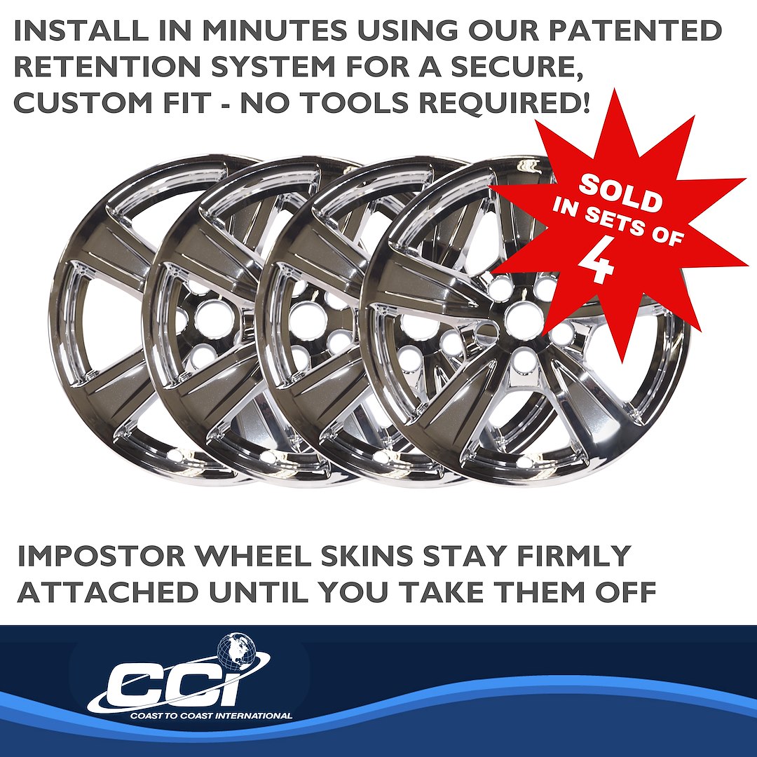 Coast to Coast Wheel Skin, Impostor ®, 17 Inch, 5 Spokes, Snap-On, Plated, Chrome, ABS Plastic, Set of 4, Fits Over and Into OEM Wheel – IMP474X