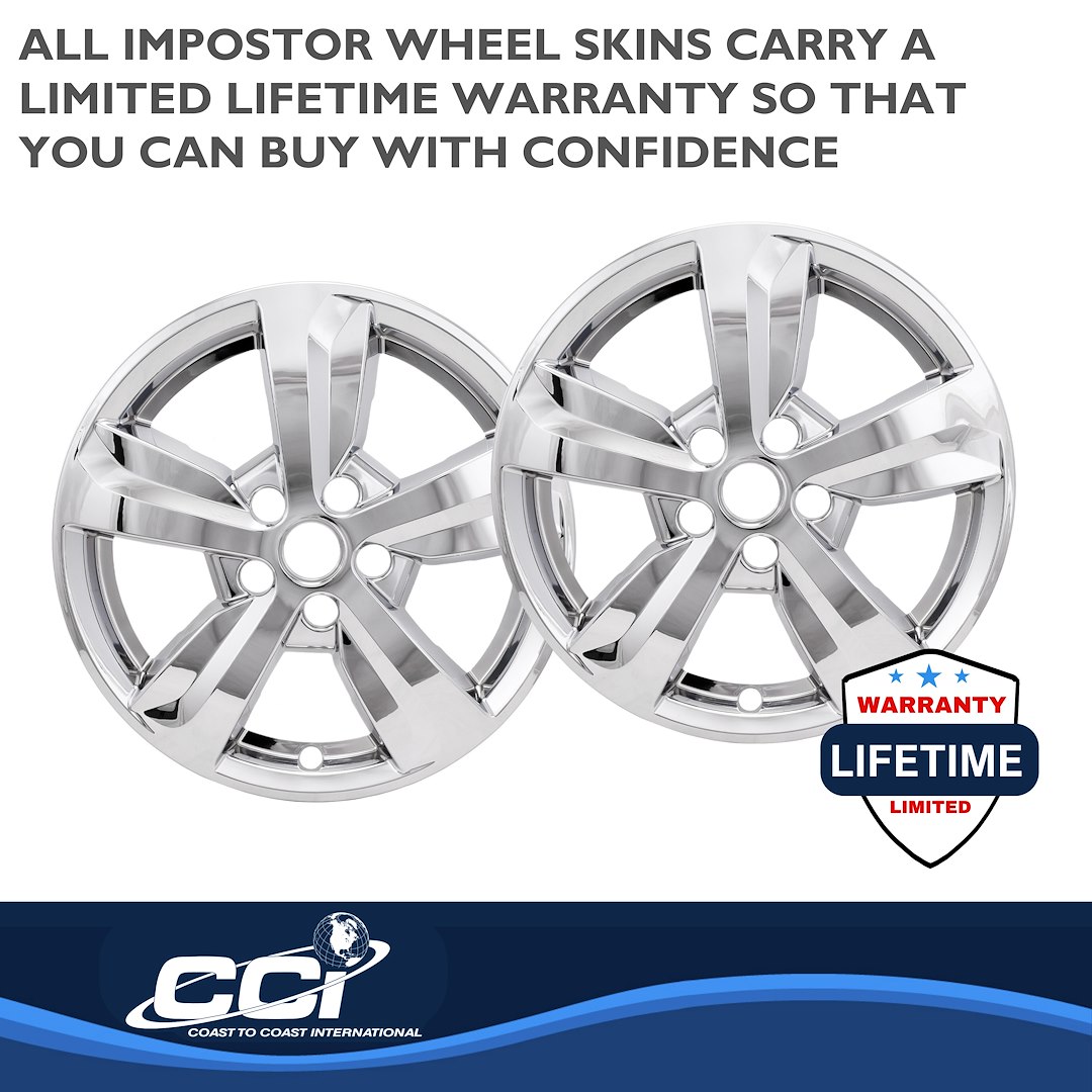 Coast to Coast Wheel Skin, Impostor ®, 17 Inch, 5 Spokes, Snap-On, Plated, Chrome, ABS Plastic, Set of 4, Fits Over and Into OEM Wheel – IMP475X