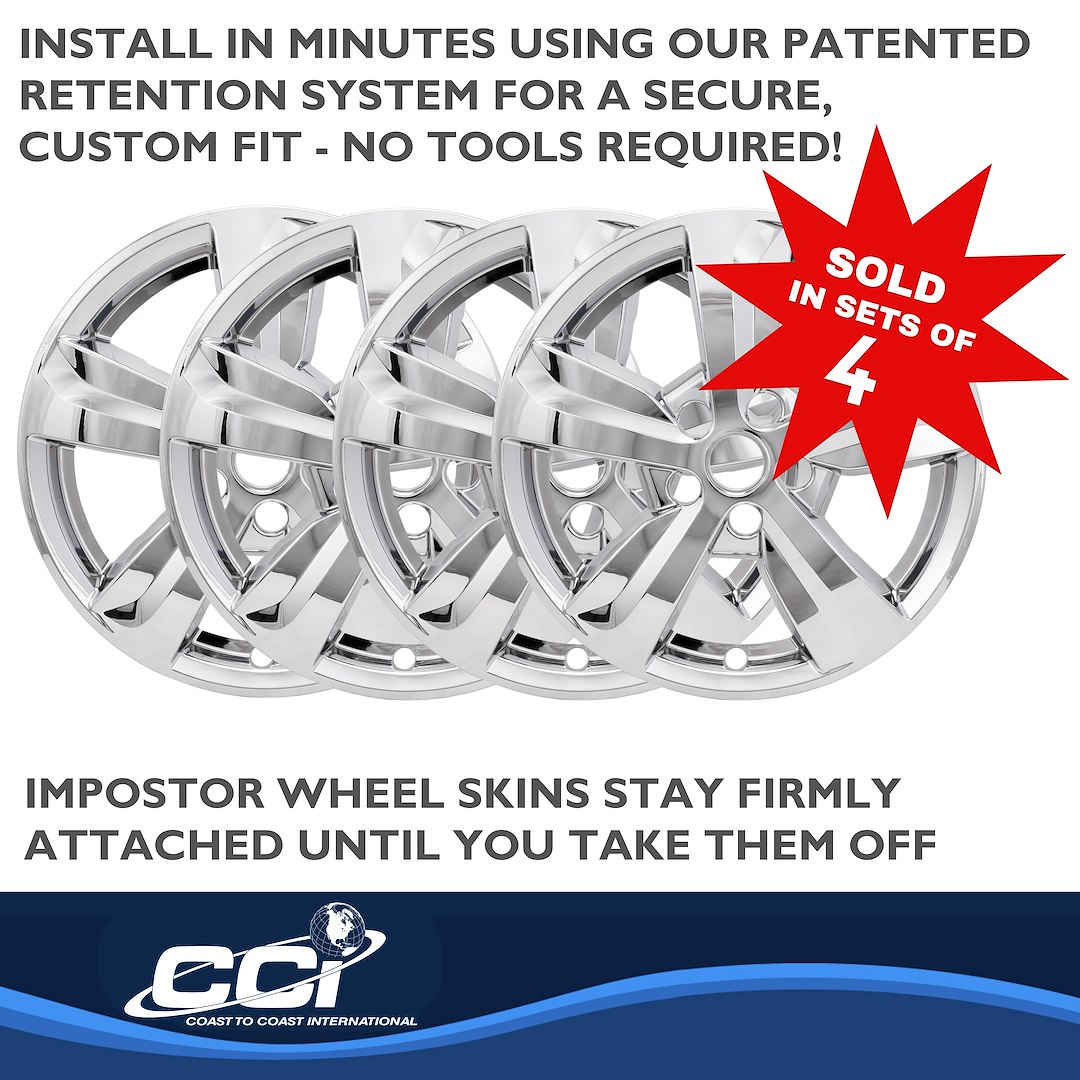 Coast to Coast Wheel Skin, Impostor ®, 17 Inch, 5 Spokes, Snap-On, Plated, Chrome, ABS Plastic, Set of 4, Fits Over and Into OEM Wheel – IMP475X