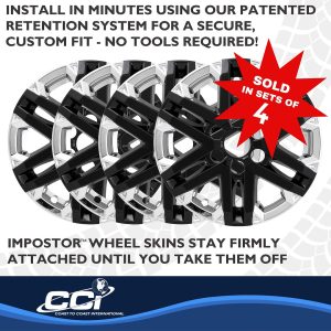 Coast to Coast Wheel Skin, Impostor ®, 18 Inch, 6 V Spokes, Snap-On, Plated, Chrome Plated/ Gloss Black Painted, ABS Plastic, Set of 4 – IMP505XB