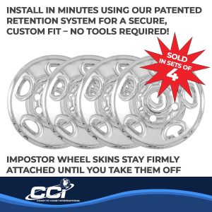 Coast to Coast Wheel Skin, Impostor ®, 16 Inch, 5 Flat Spokes, Snap-On, Plated, Chrome, ABS Plastic, Set of 4 – IWCIMP50X