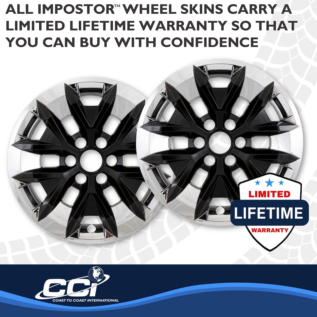 Coast to Coast Wheel Skin, Impostor ®, 16 Inch, 6 Y Spokes, Snap-On, Plated/ Painted, Silver/ Gloss Black, ABS Plastic, Set of 4 – IMP516XB