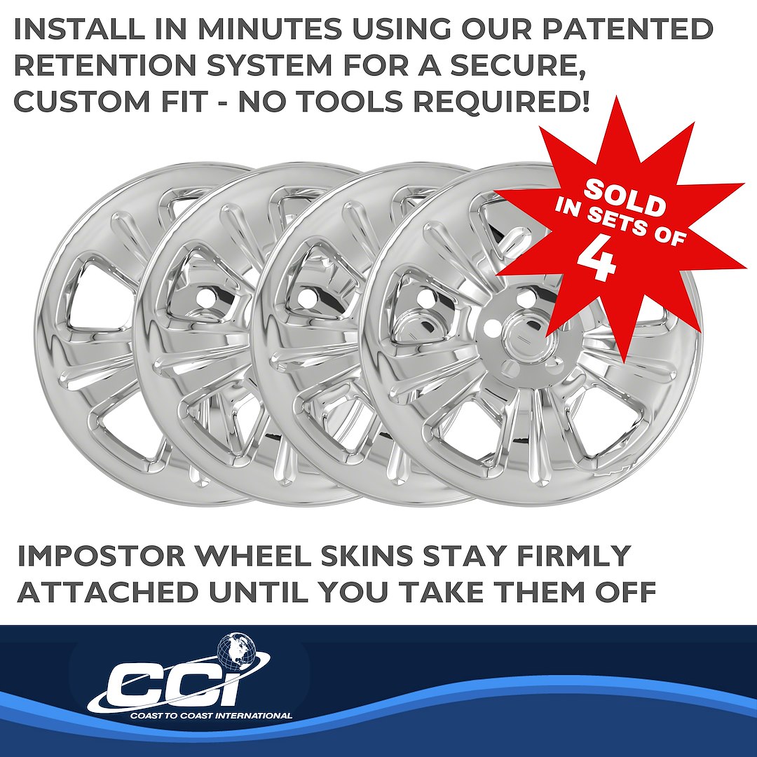 Coast to Coast Wheel Skin, Impostor ®, 16 Inch, 5 Dimpled Spokes, Snap-On, Plated, Chrome, ABS Plastic, Set of 4 – IWCIMP52X