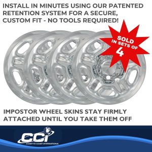Coast to Coast Wheel Skin, Impostor ®, 15 Inch, 5 Hole, Snap-On, Plated, Chrome, ABS Plastic, Set of 4 – IWCIMP66X