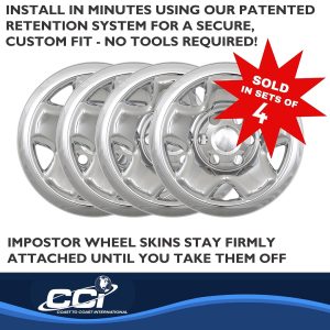 Coast to Coast Wheel Skin, Impostor ®, 16 Inch, 5 Spokes, Snap-On, Plated, Chrome, ABS Plastic, Set of 4 – IMP68XN