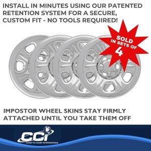 Coast to Coast Wheel Skin, Impostor ®, 16 Inch, 6 Raised Dimpled Spokes, Snap-On, Plated, Chrome, ABS Plastic, Set of 4 – IWCIMP69X
