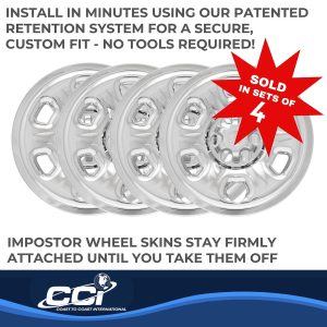 Coast to Coast Wheel Skin, Impostor ®, 16 Inch, 6 Holes, Snap-On, Chrome Plated, ABS Plastic, Compatible with Steel Wheels, Set of 4 – IMP69XN