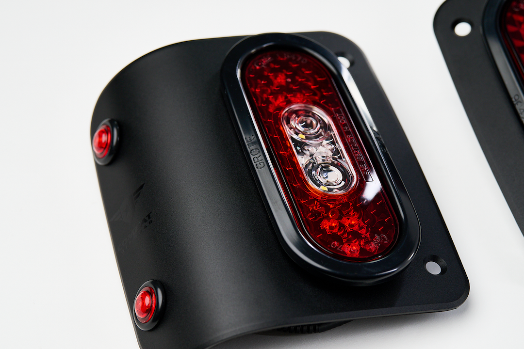 Combat Offrd Tail Light Assembly, Tail Gunner Armor, Clear/ Red Lens, Powder Coated Black Aluminum Housing, LED, White Bulb, Set of 2 – 25-1050