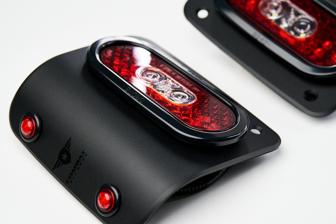 Combat Offrd Tail Light Assembly, Tail Gunner Armor, Clear/ Red Lens, Powder Coated Black Aluminum Housing, LED, White Bulb, Set of 2 – 25-1050