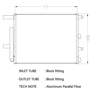 Csf Radiator Air Conditioner Condenser, 23 Inch Length X 18-3/8 Inch Width X 5/8 Inch Depth, Parallel Flow, Block Fitting Inlet/ Outlet – 10753
