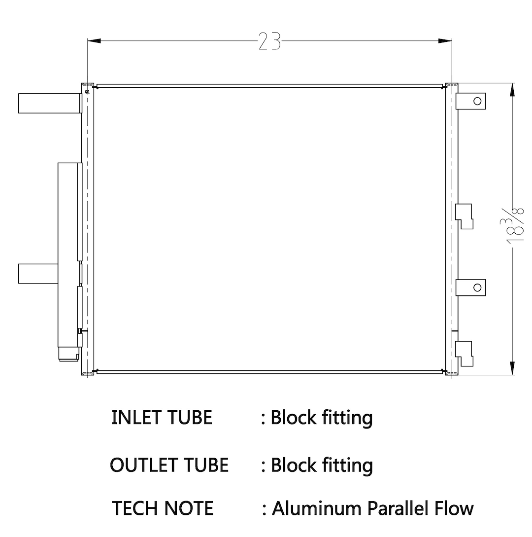 Csf Radiator Air Conditioner Condenser, 23 Inch Length X 18-3/8 Inch Width X 5/8 Inch Depth, Parallel Flow, Block Fitting Inlet/ Outlet – 10753