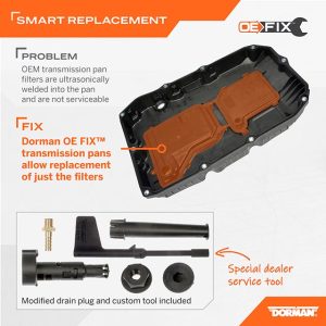 Dorman Auto Trans Oil Pan, OE Solutions™, 7.4 Quarts Capacity, Plastic, With Gasket/ Overflow Tube/ Guide Tube/ Drain Plug/ Adjustment Tool – 265-887
