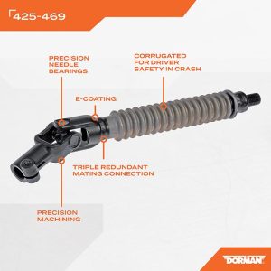 Dorman Steering Shaft, OE Solutions™, 14.7 Inch Length, 1-1/2 Inch – 36 Spline, Black Steel, With Universal Joint – 425-469
