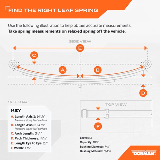 Dorman Trailer Axle Leaf Spring, OE Solutions™, Eye and Eye Mount, 27 Inch Free Length, 1-3/4 Inch Leaf Width, 3 Inch Arch Length – 929-1042
