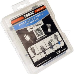 Dorman Fastener Assortment, Rivet Nut and Hand Tool Assortment, 10-24/ 1/4-20/ 5/16-18 Thread Size, Plastic Case – 963-997