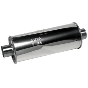 Dynomax Exhaust Muffler, Ultra Flo, 6 Inch Diameter Round Stainless Steel Case, 2-1/2 Inch Center Inlet, 2-1/2 Inch Center Outlet – 17263