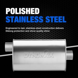 Dynomax Exhaust Muffler, Ultra Flo, 6 Inch Diameter Round Stainless Steel Case, 2-1/2 Inch Center Inlet, 2-1/2 Inch Center Outlet – 17263