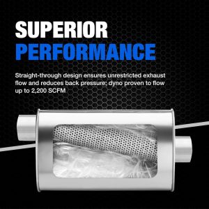 Dynomax Exhaust Muffler, Ultra Flo, 6 Inch Diameter Round Stainless Steel Case, 3 Inch Center Inlet, 3 Inch Center Outlet – 17267