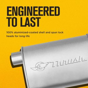 Dynomax Exhaust Muffler, Hush Thrush, 9-3/4 Inch Length X 4-1/4 Inch Aluminized Steel Case, 2-1/2 Inch Offset Inlet, 2-1/2 Inch Center Outlet – 17633