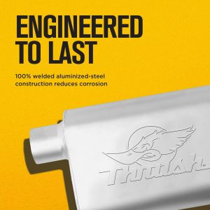 Dynomax Exhaust Muffler, Thrush Welded, 9-1/2 Inch Length X 4 Inch Aluminized Steel Case, 2-1/2 Inch Offset Inlet, 2-1/2 Inch Offset Outlet – 17659