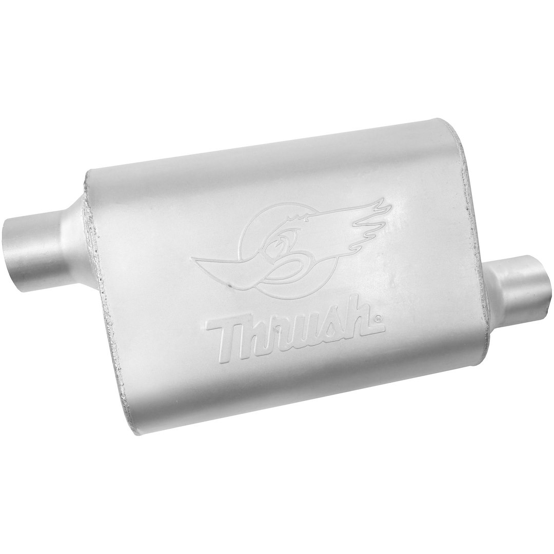 Dynomax Exhaust Muffler, Thrush Welded, 9-1/2 Inch Length X 4 Inch Aluminized Steel Case, 2-1/2 Inch Offset Inlet, 2-1/2 Inch Offset Outlet – 17659
