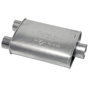 Dynomax Exhaust Muffler, Super Turbo, 9-3/4 Inch Length X 4-1/4 Inch Width Aluminized Steel Case, 2-1/2 Inch Dual Inlet, 3 Inch Center Outlet – 17674