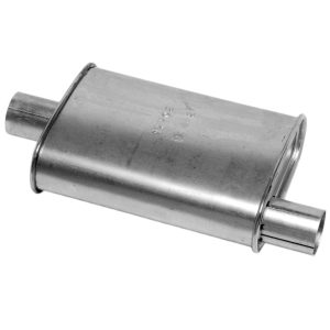Dynomax Exhaust Muffler, Thrush Turbo, 7-3/4 Inch Length X 3-1/4 Inch Width Aluminized Steel Case, 2 Inch Offset Inlet, 2 Inch Center Outlet – 17702