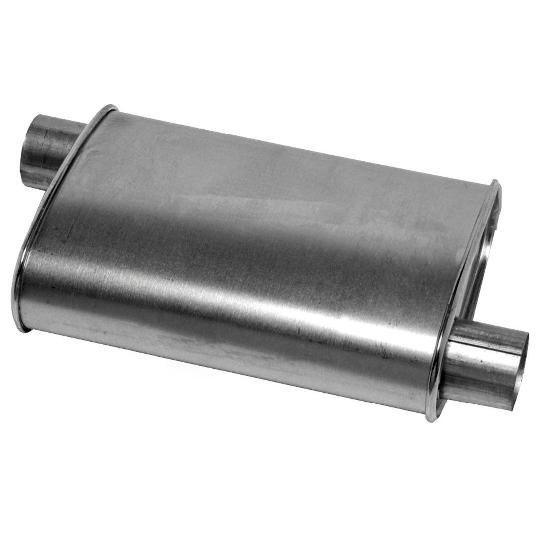 Dynomax Exhaust Muffler, Thrush Turbo, 7-3/4 Inch Length X 3-1/4 Inch Width Aluminized Steel Case, 2 Inch Offset Inlet, 2 Inch Offset Outlet – 17712