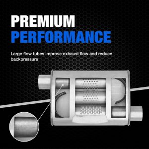 Dynomax Exhaust Muffler, Super Turbo, 11 Inch Length X 5-1/2 Inch Width Aluminized Steel Case, 3 Inch Offset Inlet, 3 Inch Center Outlet – 17769