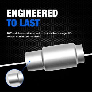 Dynomax Exhaust Muffler, Race Series Mini Bullet, Stainless Steel, Single 3 Inch Diameter Inlet, Single 3 Inch Diameter Outlet – 24249