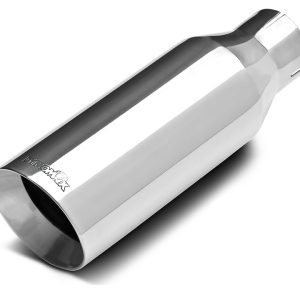 Dynomax Exhaust Tail Pipe Tip, 2-1/2 Inch Inlet, 4 Inch Outlet, Polished Stainless Steel, Round, Angled Cut, Double Wall, 12 Inch Length – 36473