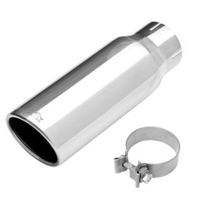 Dynomax Exhaust Tail Pipe Tip, 3 Inch Inlet, 4 Inch Outlet, Polished Stainless Steel, Round, Angled Cut, Single Wall, 12 Inch Length – 36474