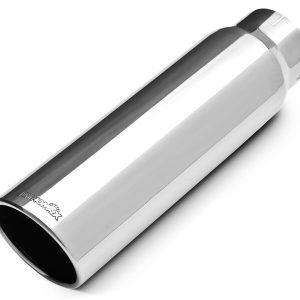 Dynomax Exhaust Tail Pipe Tip, 4 Inch Inlet, 5 Inch Outlet, Polished Stainless Steel, Round, Angled Cut, Single Wall, 18 Inch Length – 36477