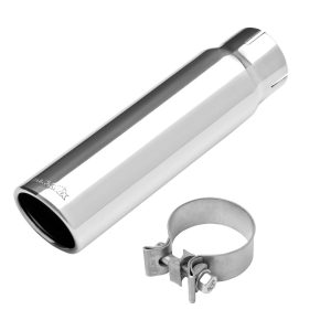 Dynomax Exhaust Tail Pipe Tip, 4 Inch Inlet, 5 Inch Outlet, Polished Stainless Steel, Round, Angled Cut, Single Wall, 18 Inch Length – 36477