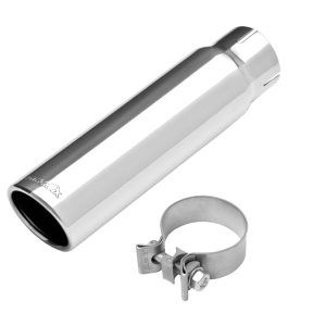 Dynomax Exhaust Tail Pipe Tip, 2-1/2 Inch Inlet, 3 Inch Outlet, Polished Stainless Steel, Round, Angled Cut, Single Wall, 12 Inch Length – 36486