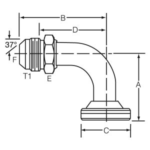 Dayco Adapter Fitting, Hydraulic, 90 Degree Bent Tube Male 37 Degree Flare (JIC) to O-Ring Flange (code 61), Factory Number 12MJ-12C6190 – 143235A