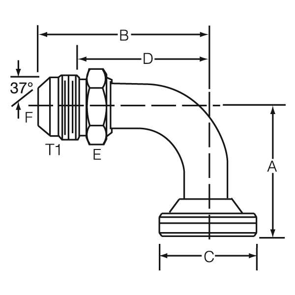 Dayco Adapter Fitting, Hydraulic, 90 Degree Bent Tube Male 37 Degree Flare (JIC) to O-Ring Flange (code 61), Factory Number 12MJ-12C6190 – 143235A