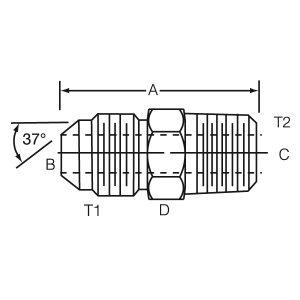 Dayco Adapter Fitting, Hydraulic, Male 37 Degree Flare (JIC) to NPTF Male, 3/8-24 Thread T1, 1/8-27 Thread T2, Steel, Single – 143720A