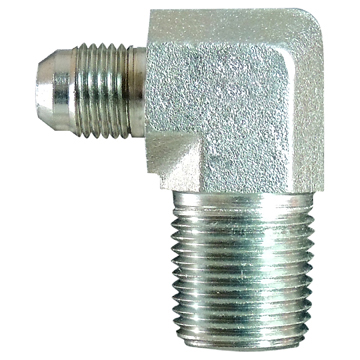 Dayco Adapter Fitting, Hydraulic National Pipe Thread, 90 Degree Male 37 Degree Flare (JIC) to NPTF Male, 3/4-16 Thread T1, 1/4-18 Thread T2 – 144076