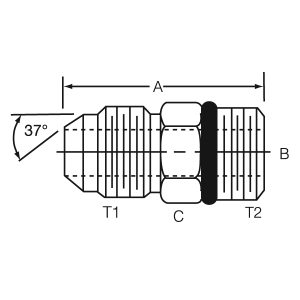 Dayco Adapter Fitting, Hydraulic, Male 37 Degree Flare (JIC) to Male ORB, 1-1/16 – 12 Thread T1, 1-5/16 – 12 Thread T2, Steel, Single – 145513