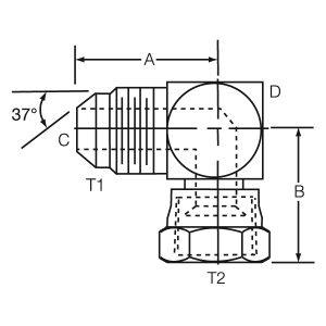 Dayco Adapter Fitting, Hydraulic, 90 Degree Male 37 Degree Flare (JIC) to Female Swivel 37 Degree Flare (JIC), 1-5/16 – 12 Thread T1 and T2 – 145732