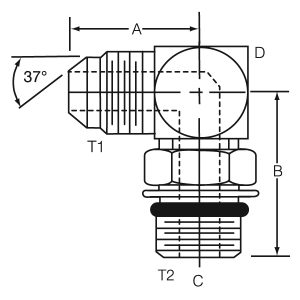 Dayco Adapter Fitting, Hydraulic, 90 Degree Male 37 Degree Flare (JIC) to Adjustable Male ORB, 1-1/16 – 12 Thread T1 and T2, Steel, Single – 145869