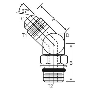Dayco Adapter Fitting, Hydraulic, 45 Degree Male 37 Degree Flare (JIC) to Adjustable Male ORB, 1-1/16 – 12 Thread T1 and T2, Steel, Single – 146025