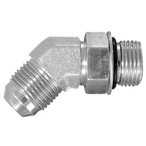 Dayco Adapter Fitting, Hydraulic, 45 Degree Male 37 Degree Flare (JIC) to Adjustable Male ORB, 1-1/16 – 12 Thread T1 and T2, Steel, Single – 146025