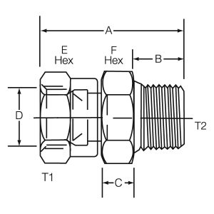 Dayco Adapter Fitting, Hydraulic, Female Swivel 37 Degree Flare (JIC) to NPTF Male, 1-5/16 – 12 Thread T1, 1 – 11-1/2 Thread T2, Steel – 146306
